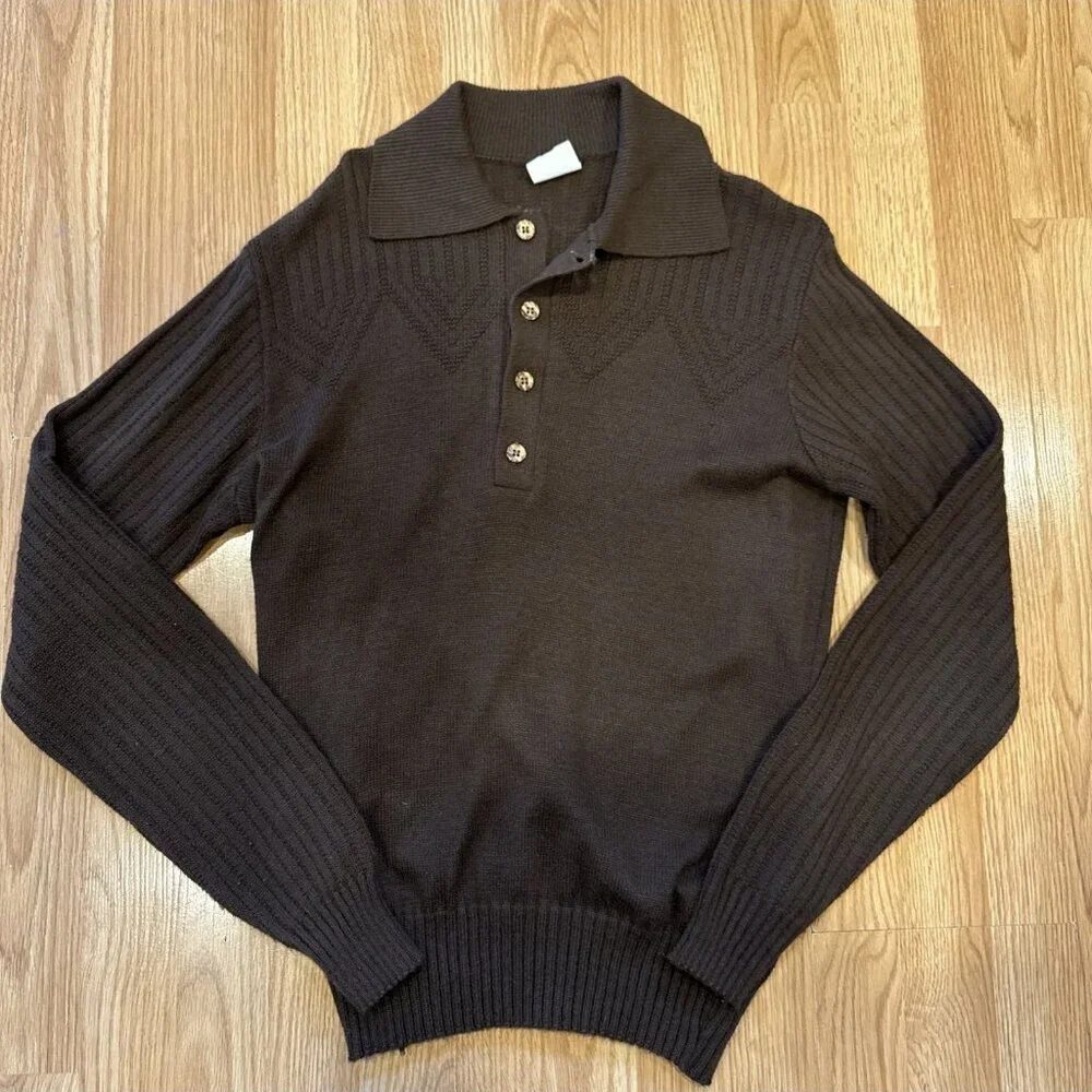 Vintage Caldwell Of Canada Brown Knit Long Sleeve Polo Sweater Men’s M 79s Disco